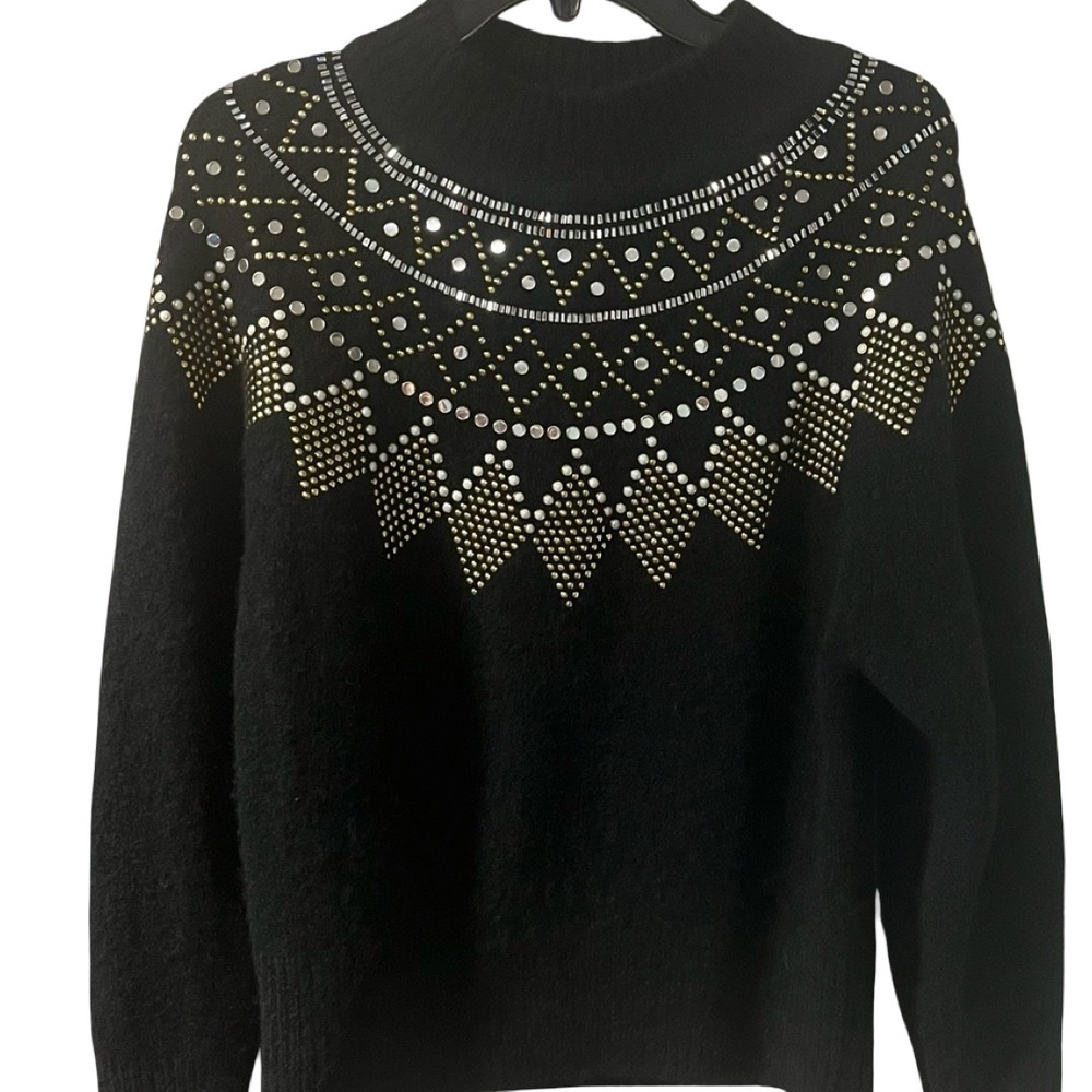 Sandro Paris Black Sweater Embellished Gold Silver Rhinestones Size 0 or XS